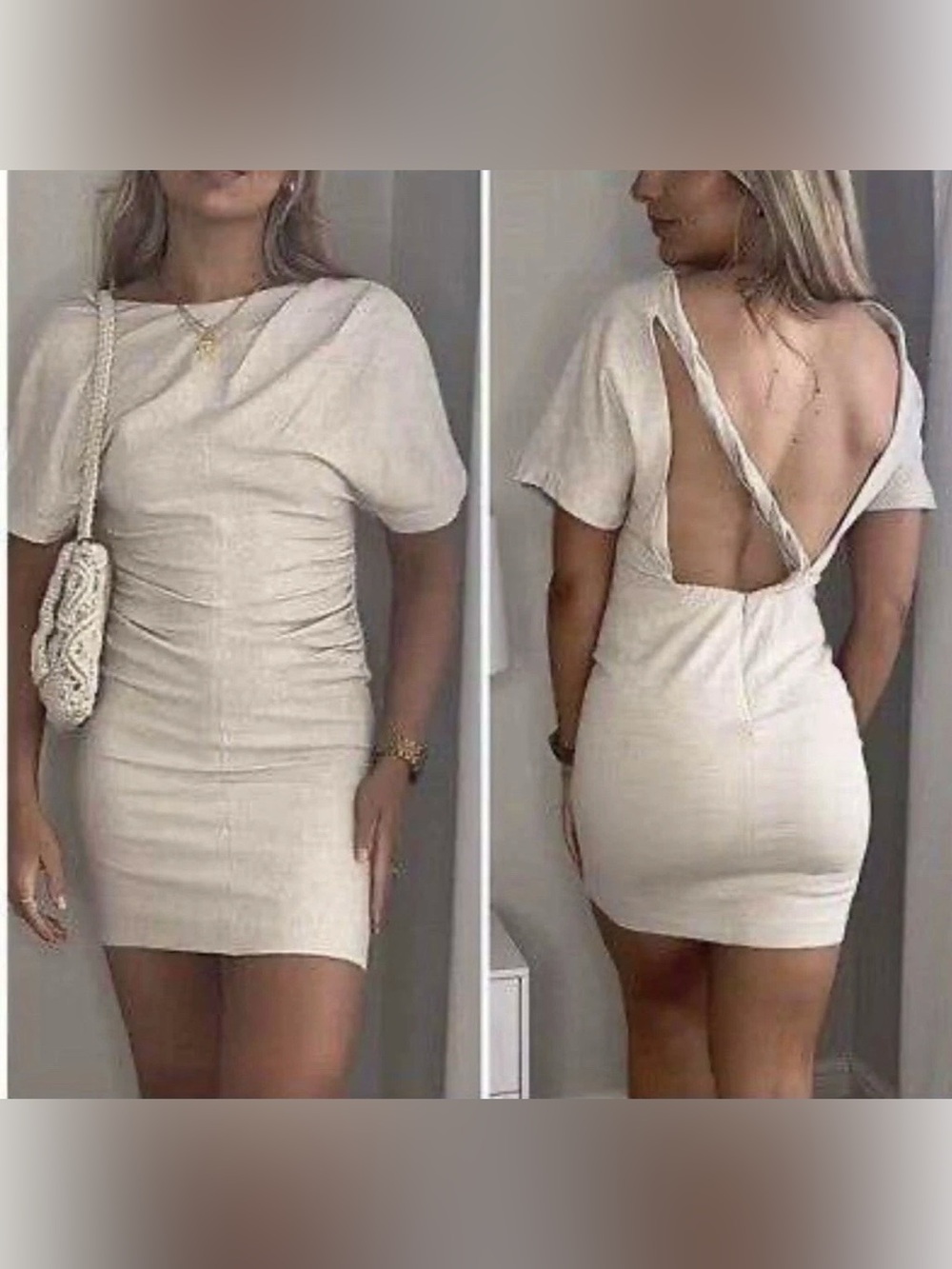 Zara Cream Cross-Back Ruched Short Sleeve Mini Dress